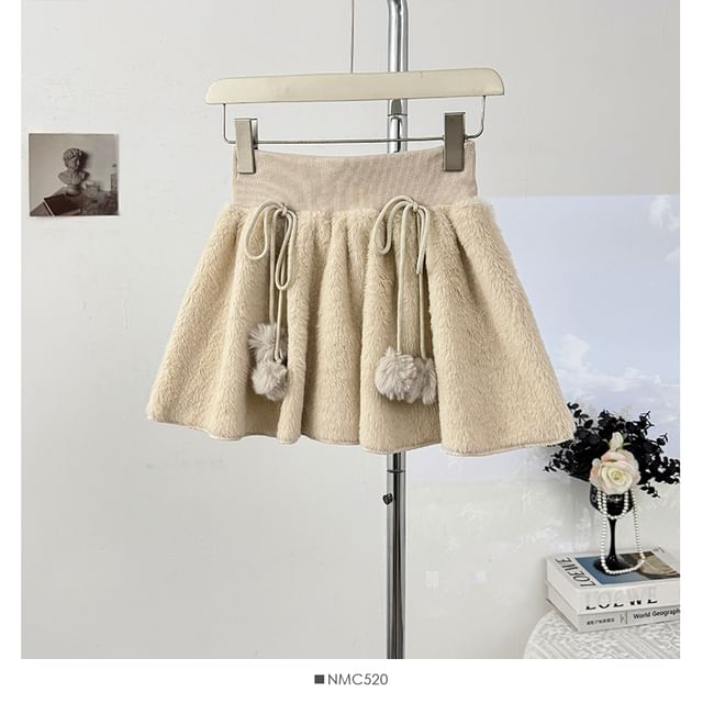 High Waist Pom Pom Fleece Mini A-Line Skirt