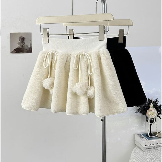 High Waist Pom Pom Fleece Mini A-Line Skirt