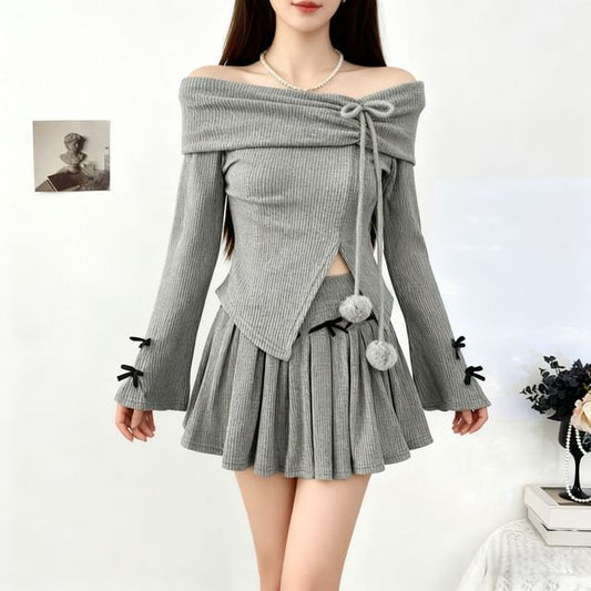 Off-Shoulder Ribbed Slit Knit Top & High Waist Mini Skirt Set