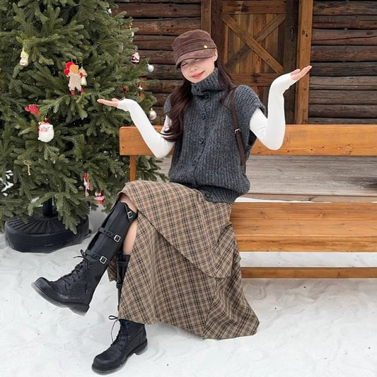 Classic Collar Buttoned Knit Vest & High-Waisted Plaid Asymmetrical Midi Skirt