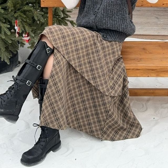 Classic Collar Buttoned Knit Vest & High-Waisted Plaid Asymmetrical Midi Skirt