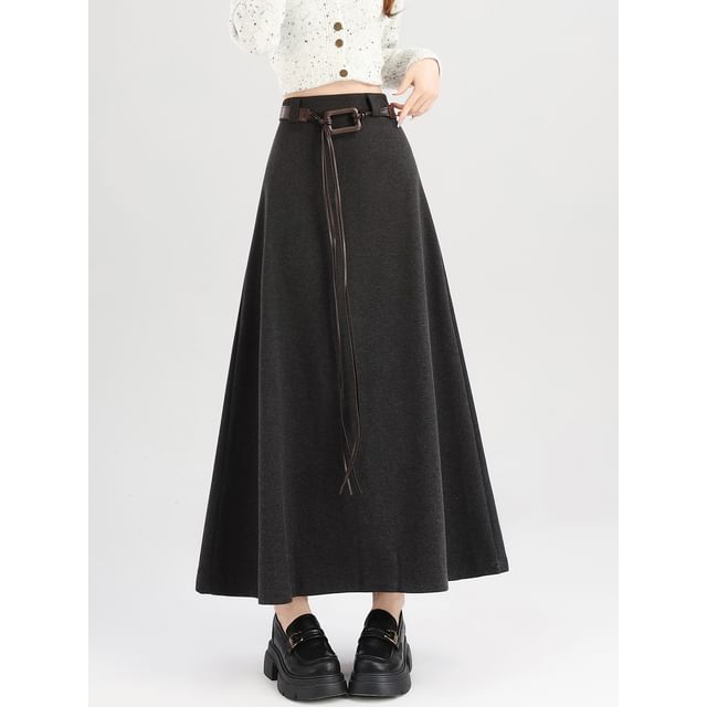 High Rise Plain Maxi A-Line Skirt with Belt