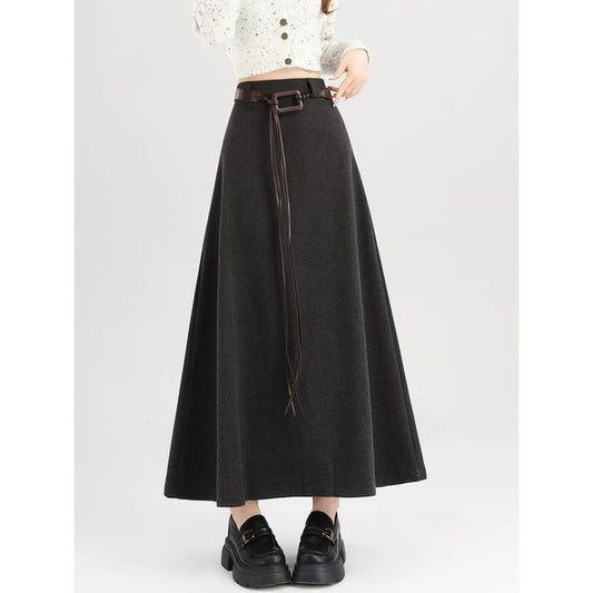 High Rise Plain Maxi A-Line Skirt with Belt
