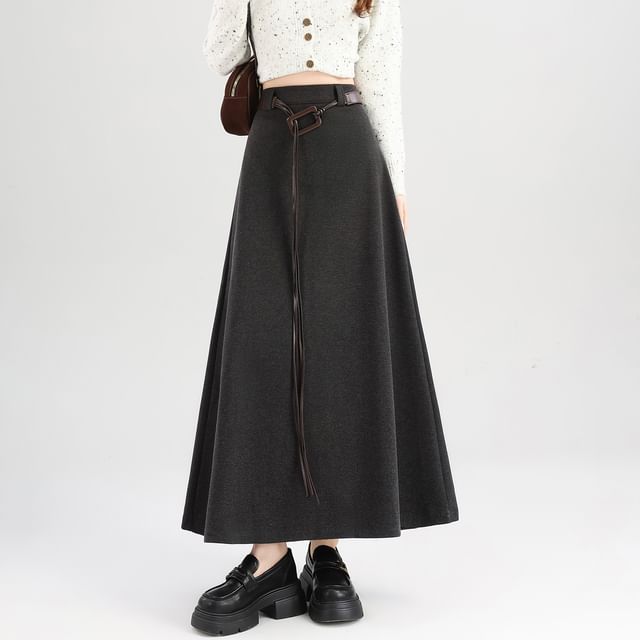 High Rise Plain Maxi A-Line Skirt with Belt