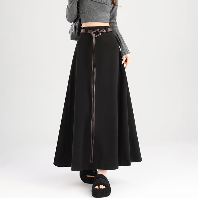 High Rise Plain Maxi A-Line Skirt with Belt
