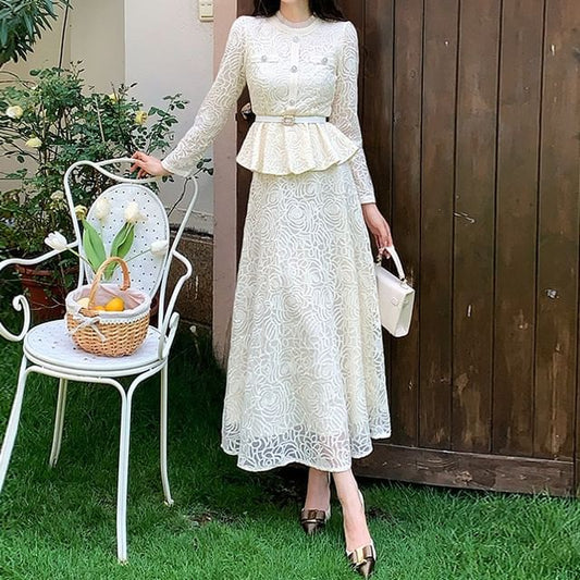 Stand Collar Peplum Lace Blouse & High Waist Maxi A-Line Skirt Set