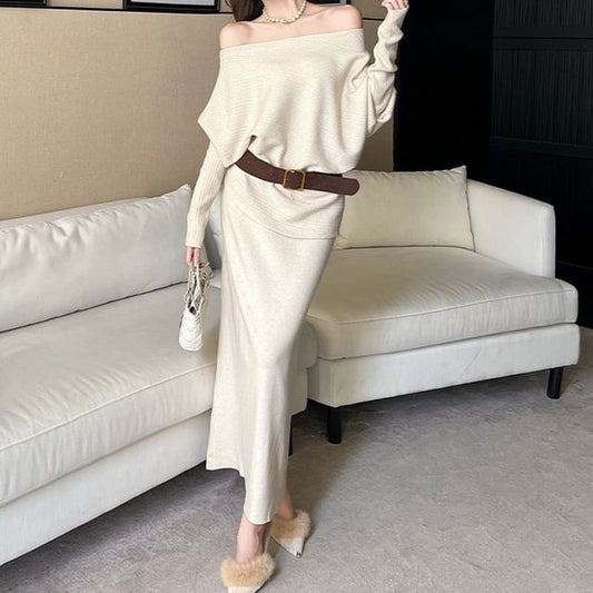 Long-Sleeve Off-Shoulder Knit Top & High Waist Maxi Pencil Skirt with Belt