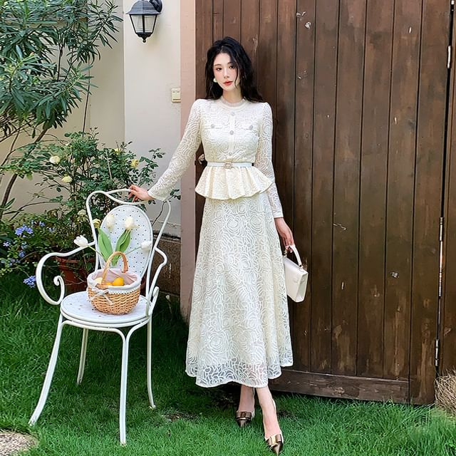 Stand Collar Peplum Lace Blouse & High Waist Maxi A-Line Skirt Set