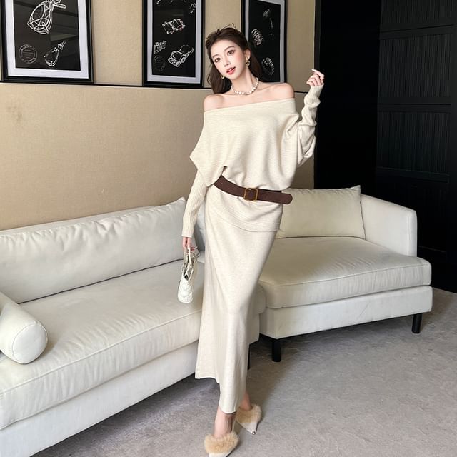 Long-Sleeve Off-Shoulder Knit Top & High Waist Maxi Pencil Skirt with Belt