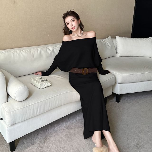 Long-Sleeve Off-Shoulder Knit Top & High Waist Maxi Pencil Skirt with Belt