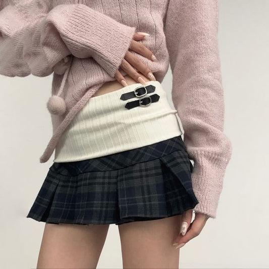 Plaid Panel Knitted Mini Pleated Skirt