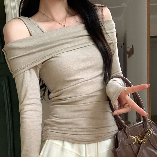 Faux Two-Piece Square Neck Cold Shoulder Long Sleeve Tee