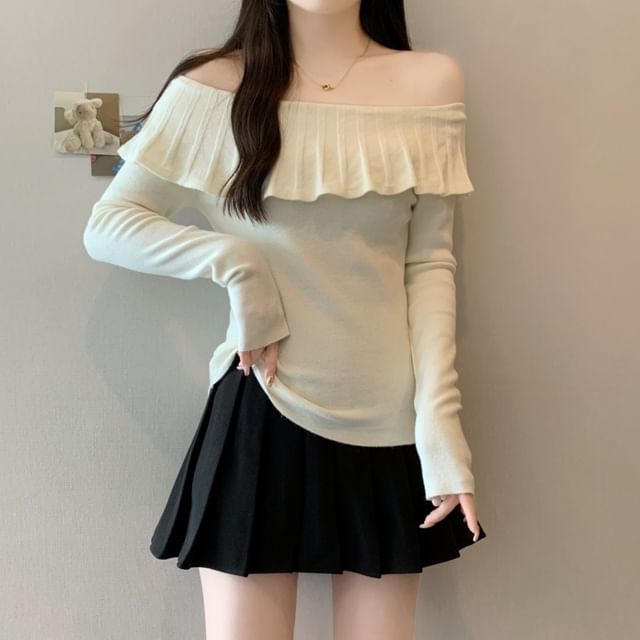 Off-Shoulder Long Sleeve Ruffle Trim Knit Top