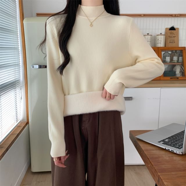 Fleece-Lined Mock Neck Long Sleeve Knit Top