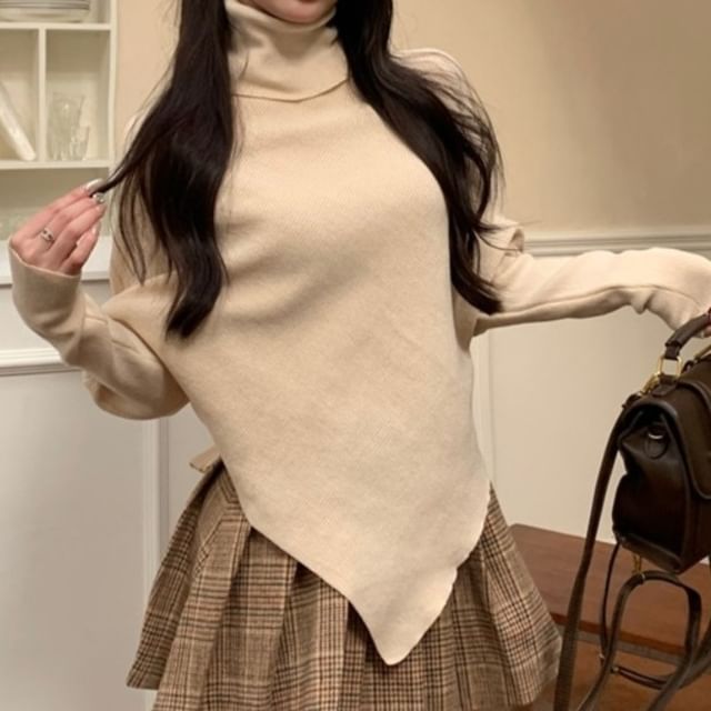 Asymmetrical Turtleneck Long Sleeve Knit Top