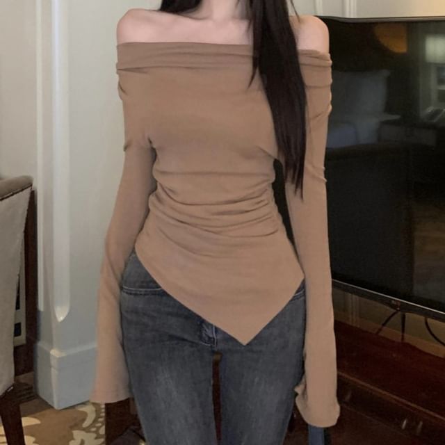 Asymmetric Off-Shoulder Fitted Jersey Top