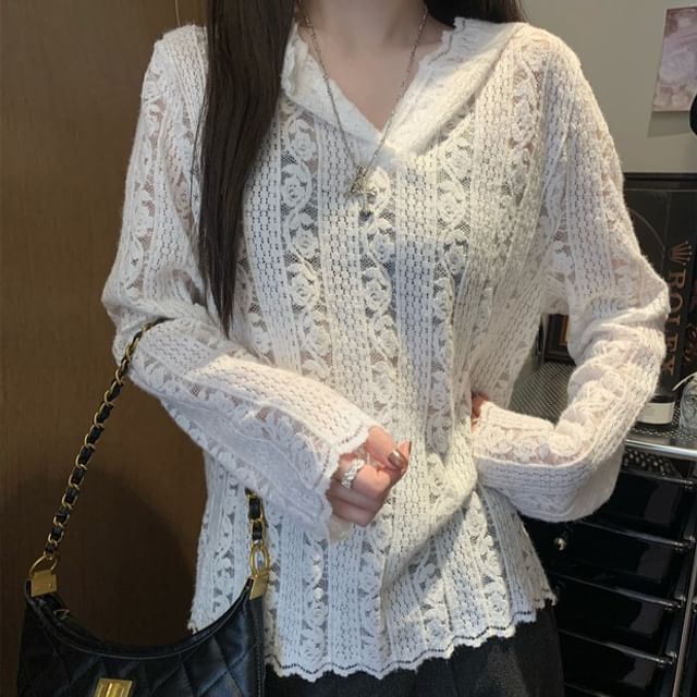 Hooded Lace V-Neck Long Sleeve Blouse