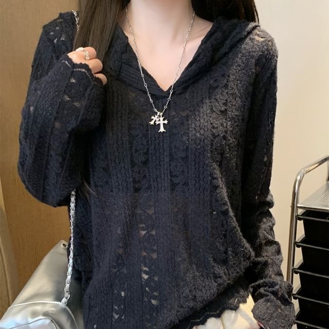 Hooded Lace V-Neck Long Sleeve Blouse