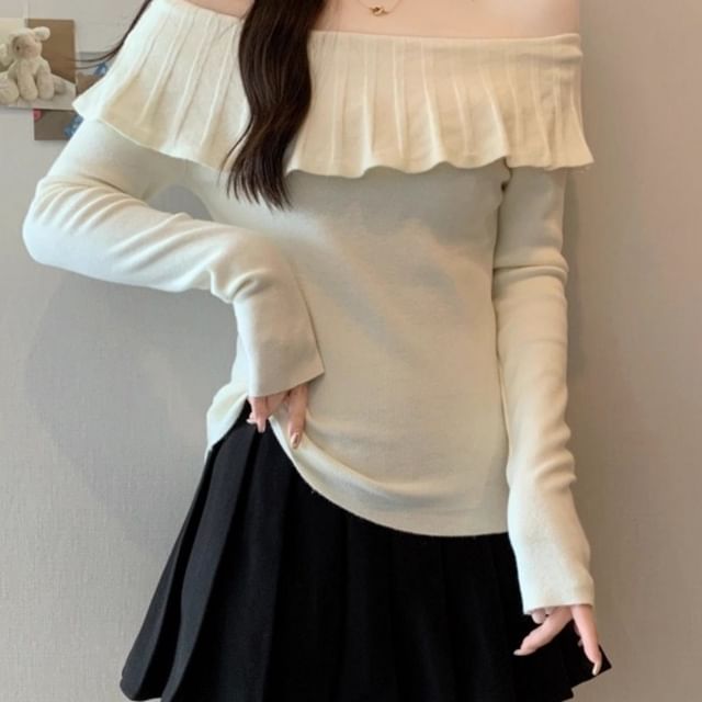 Off-Shoulder Long Sleeve Ruffle Trim Knit Top