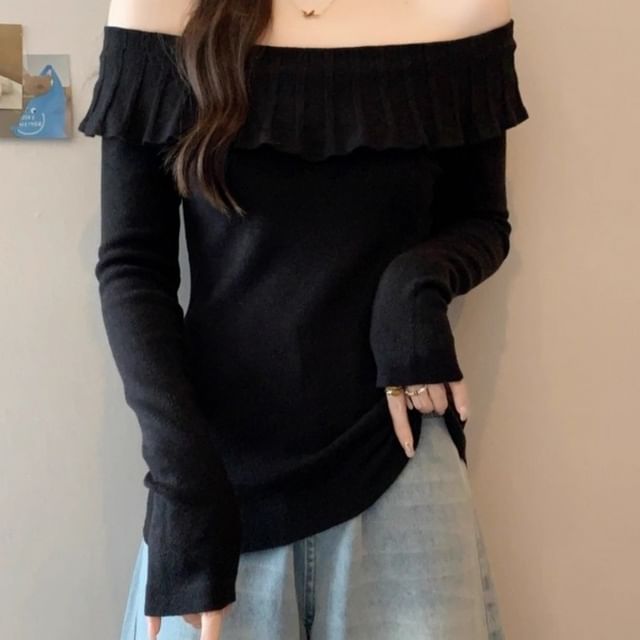 Off-Shoulder Long Sleeve Ruffle Trim Knit Top