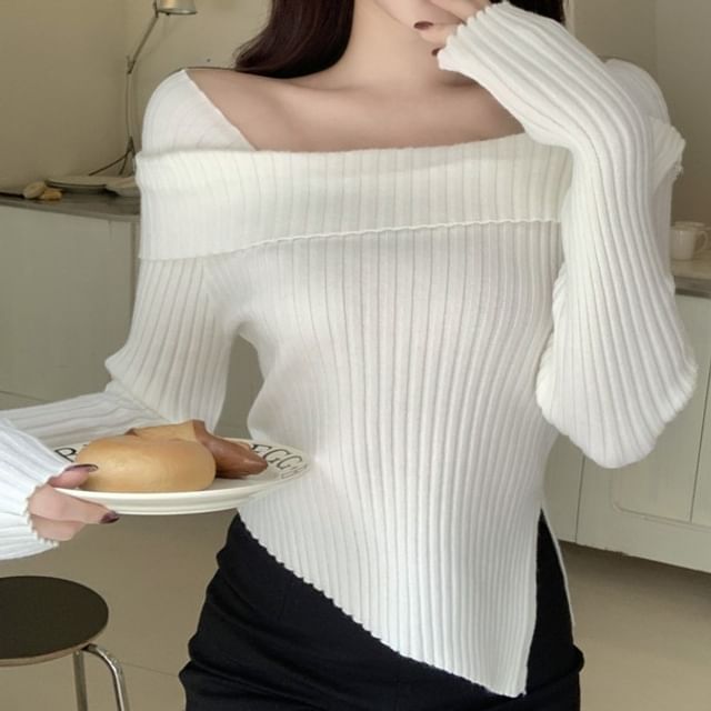 Boat Neck Long Sleeve Ribbed Knit Sweater