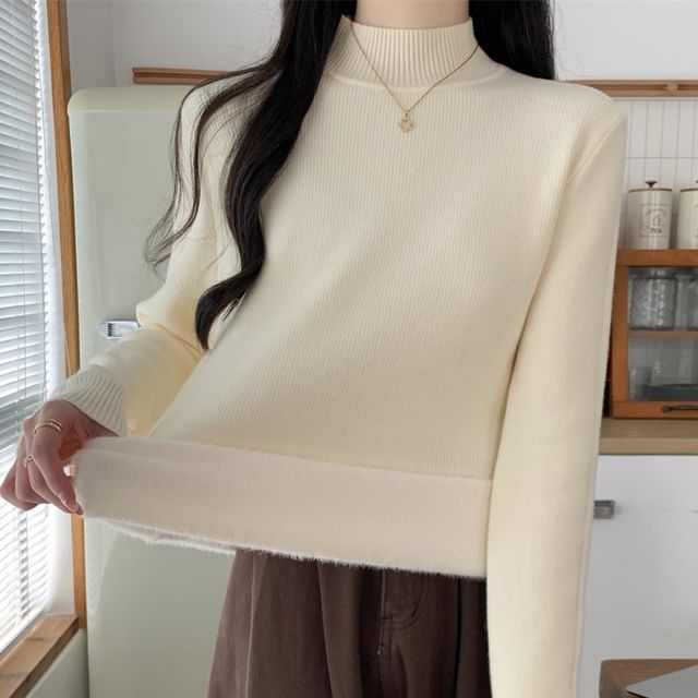 Fleece-Lined Mock Neck Long Sleeve Knit Top