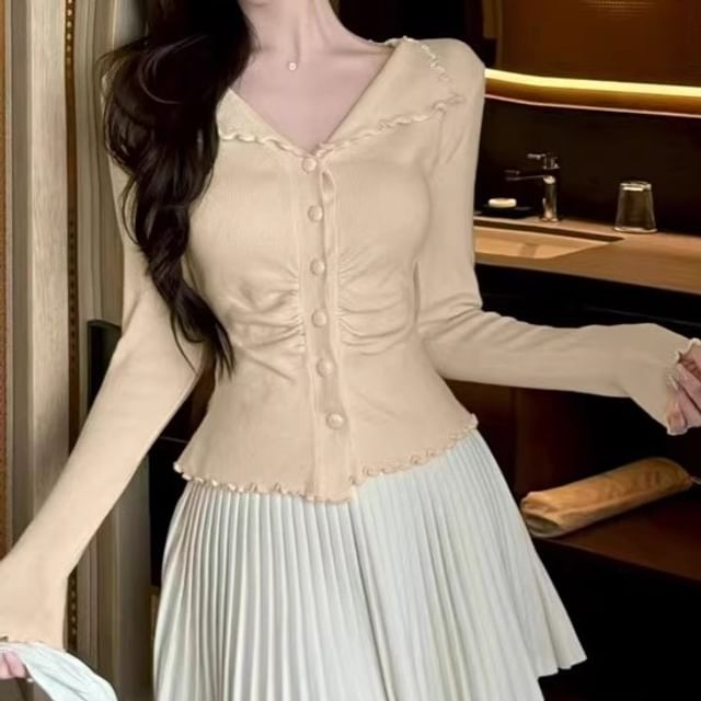 Ribbed Knit Long Sleeve Button Collar Top