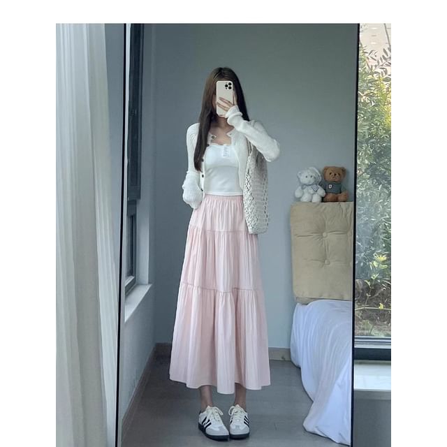Plain Midi A-Line Skirt, High Waist