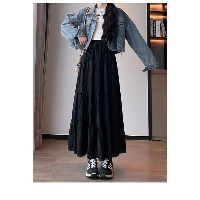 Plain Midi A-Line Skirt, High Waist