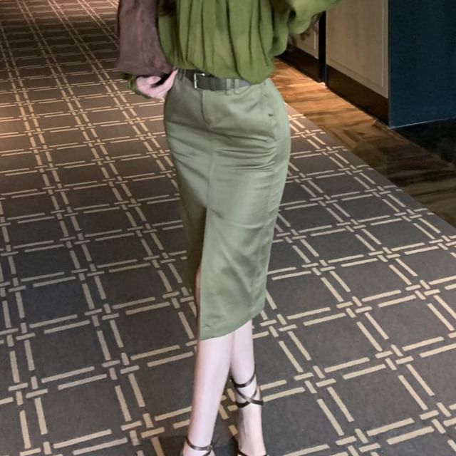 Puff-Sleeve Blouse & Satin Pencil Skirt with Belt Set