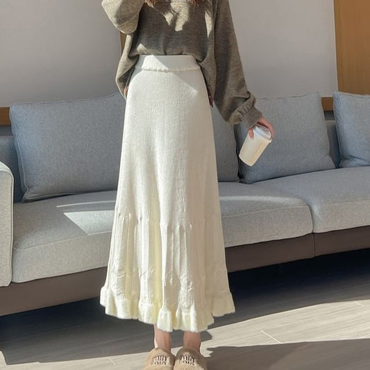 High-Waist A-Line Knit Midi Skirt