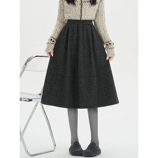 Melange Panel Fleece-Lined Midi A-Line Skirt