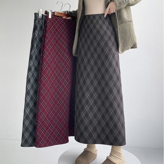 Plaid Slit Midi Straight Skirt, High Waist