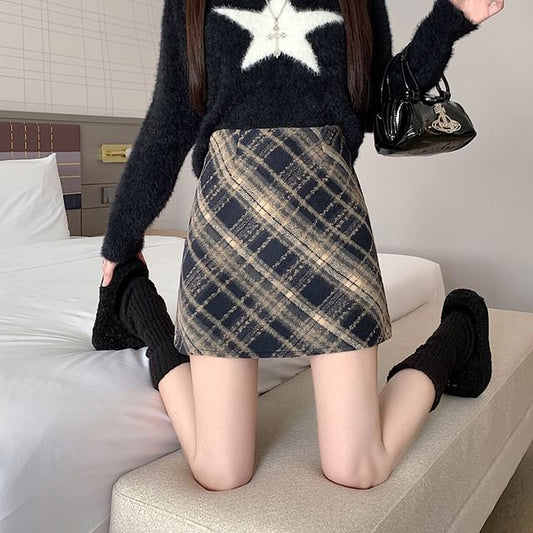 High-Rise Plaid Mini A-Line Skirt