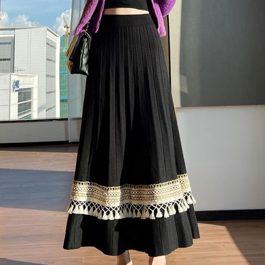 High-Rise Two-Tone Tassel Knit A-Line Midi Skirt