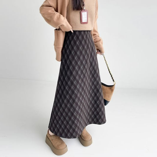 High-Rise Plaid A-Line Midi Skirt
