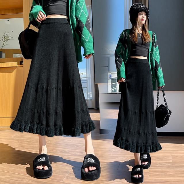 High-Waist A-Line Knit Midi Skirt