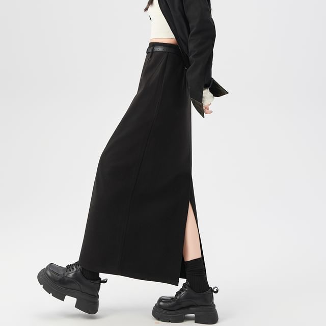 Slit Midi A-Line Skirt, High Rise, Plain