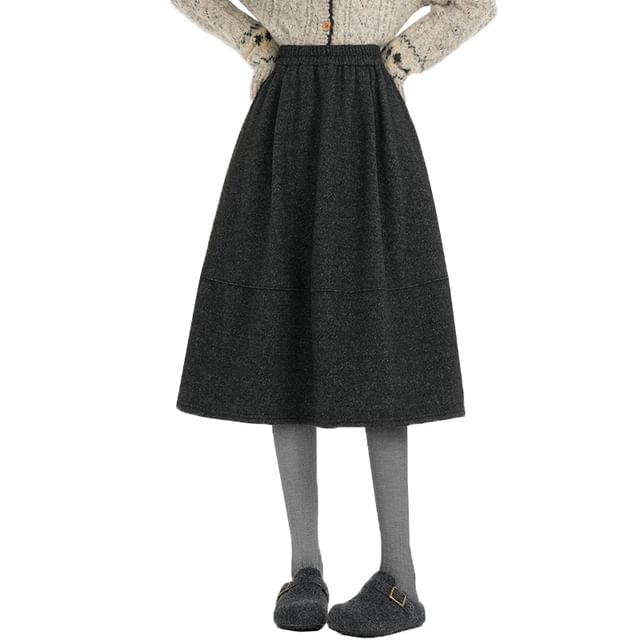 Melange Panel Fleece-Lined Midi A-Line Skirt