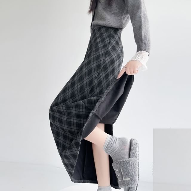 Plaid Slit Midi Straight Skirt, High Waist