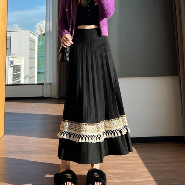 High-Rise Two-Tone Tassel Knit A-Line Midi Skirt