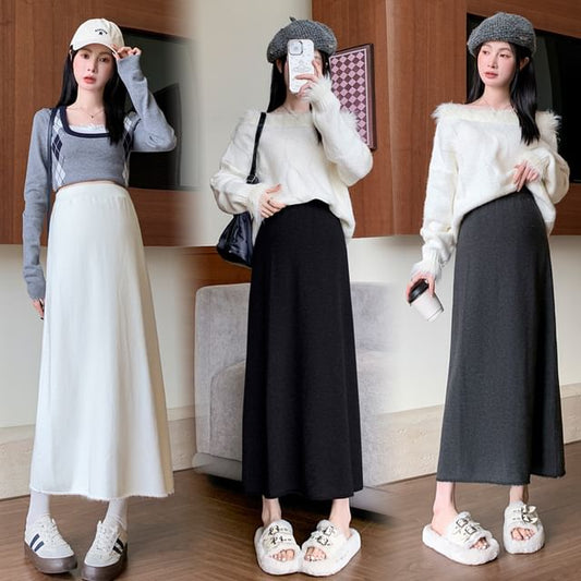 Maternity Fringed High-Waist Knit A-Line Midi Skirt