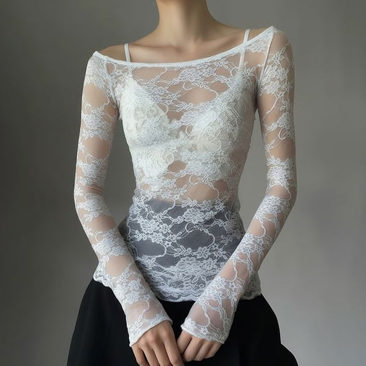 Lace Trim Boat Neck Long Sleeve Top