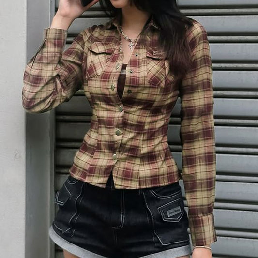 Plaid Collared Slim Crop Button Blouse