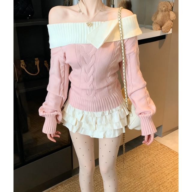 Color-Block Cable Knit Slim Sweater