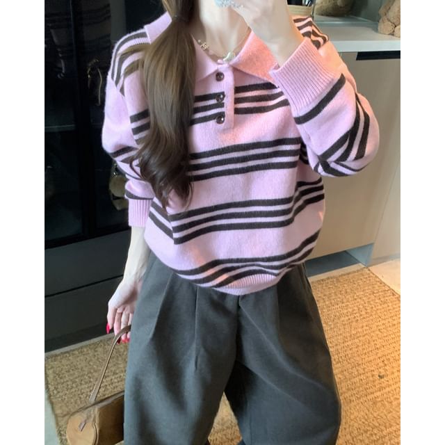 Striped Collar Loose Fit Long Sleeve Sweater