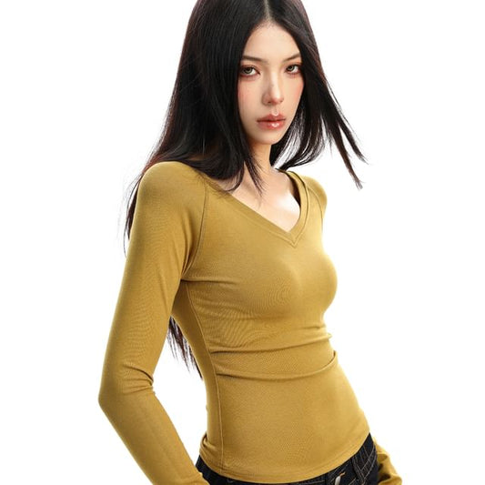 V-Neck Crop Long Sleeve Fitted Jersey Tee