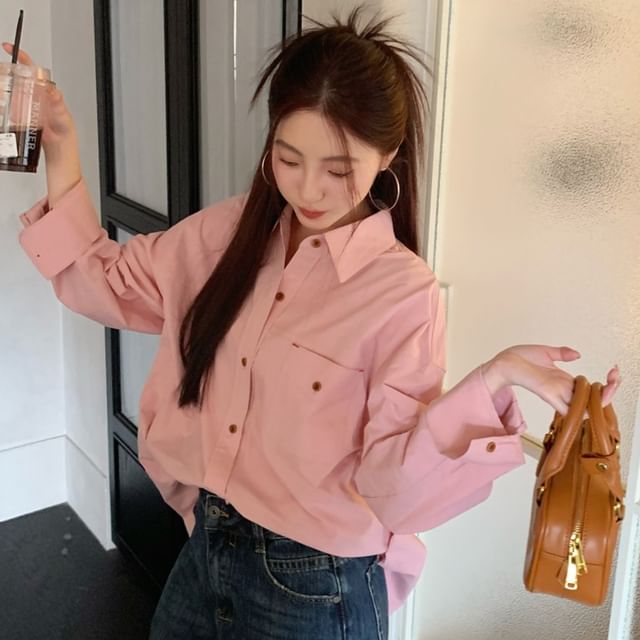 Oversized Button-Down Long Sleeve Tee with Chest Pocket