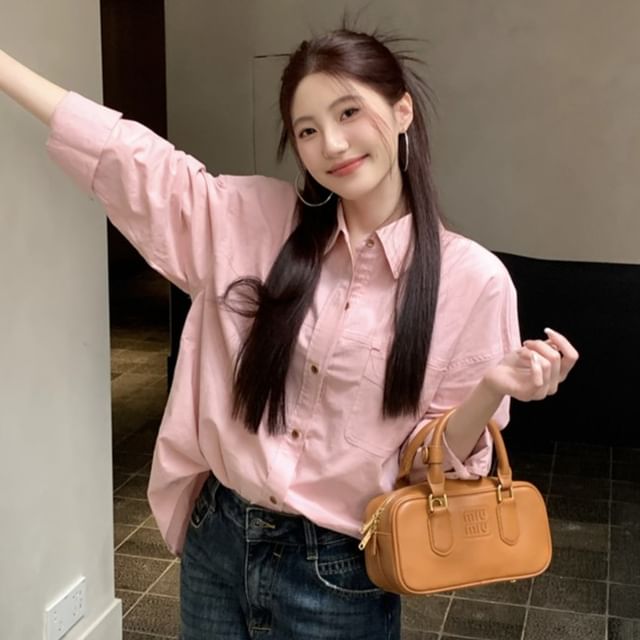 Oversized Button-Down Long Sleeve Tee with Chest Pocket