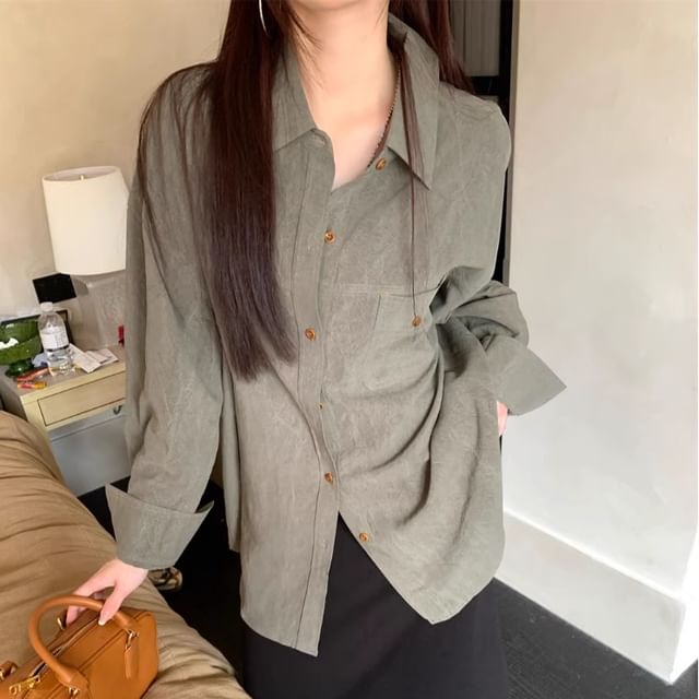 Oversized Button-Down Long Sleeve Tee with Chest Pocket